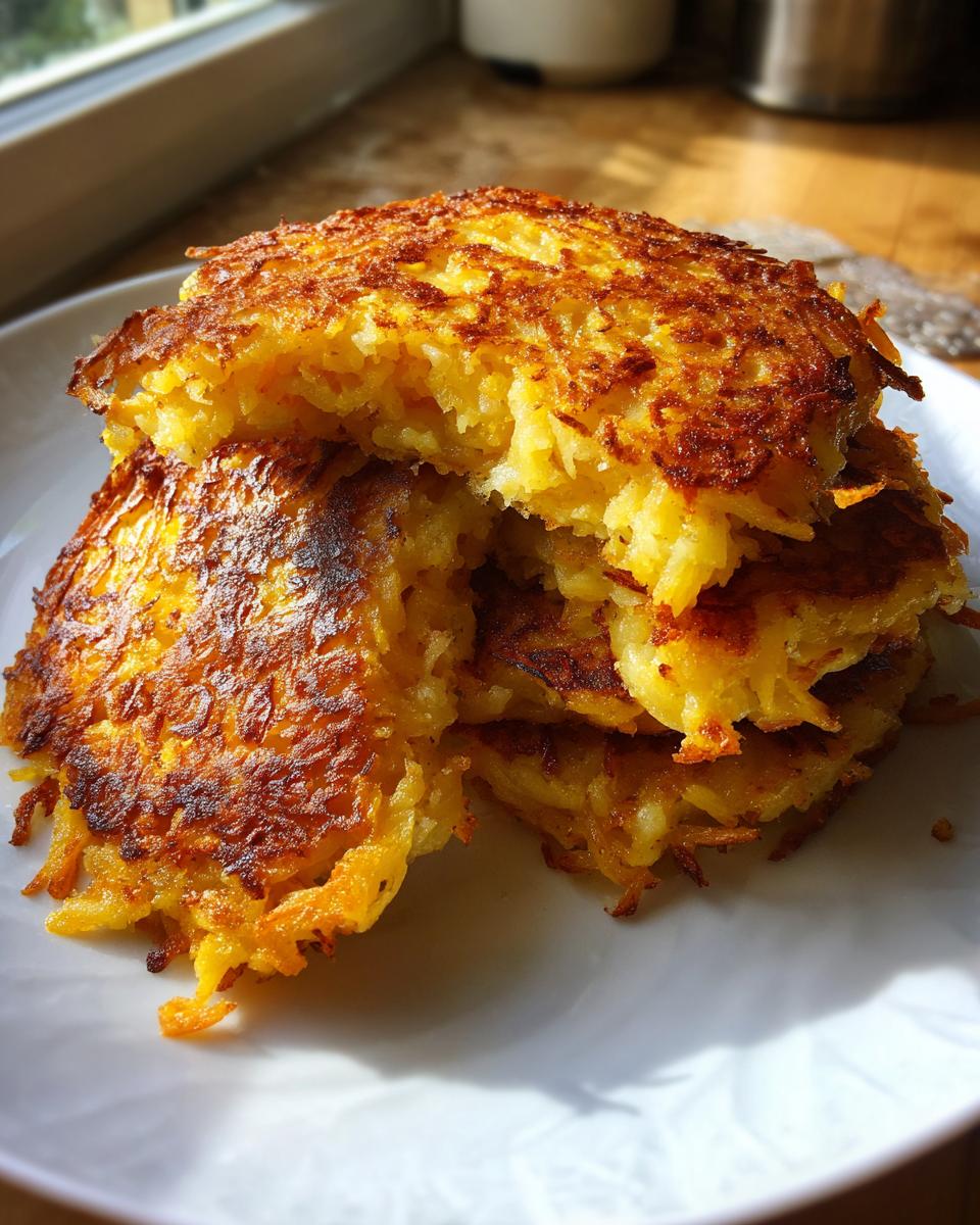 A stack of golden brown, crispy cheesy potato pancakes, with the top one broken open to show the shredded potato texture inside.