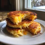 A stack of four golden-brown, crispy cheesy potato pancakes cut open to show melted cheddar cheese inside.