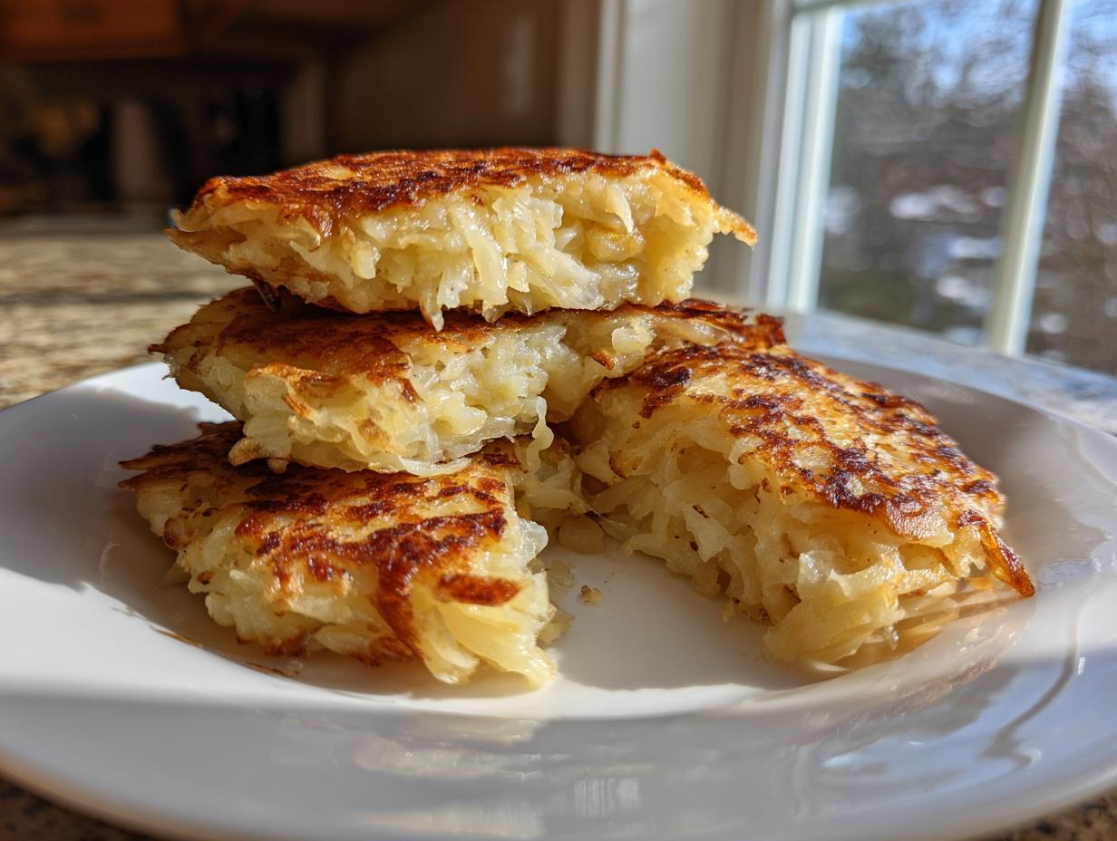 A stack of crispy, golden brown cheesy potato pancakes, showing shredded texture inside, served on a white plate.
