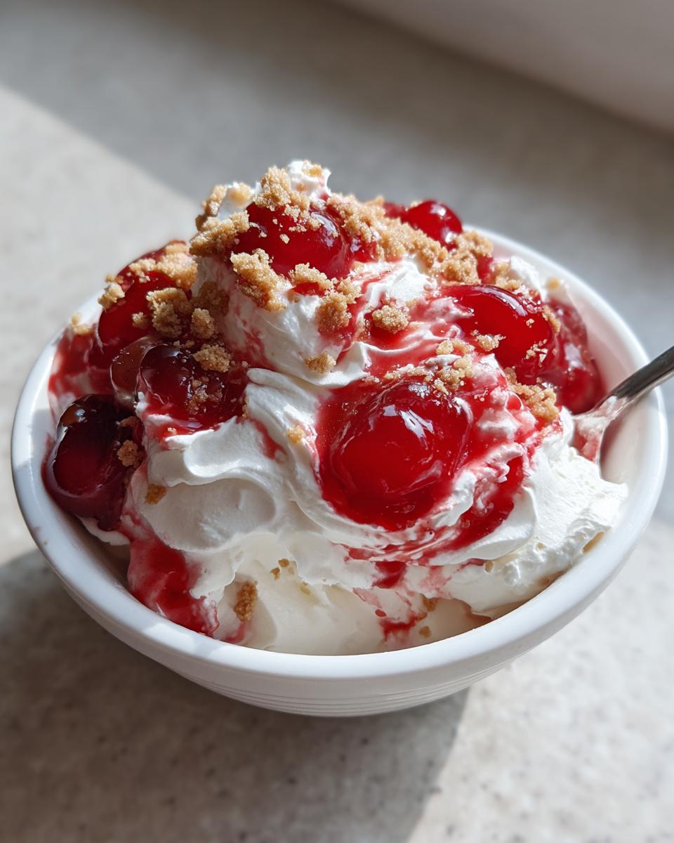 A white bowl filled with creamy cherry cheesecake fluff, topped with bright red cherry pie filling and graham cracker crumbs.