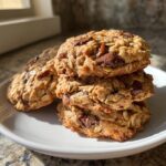 A stack of three chewy cowboy cookies loaded with oats and chocolate chunks on a white plate.