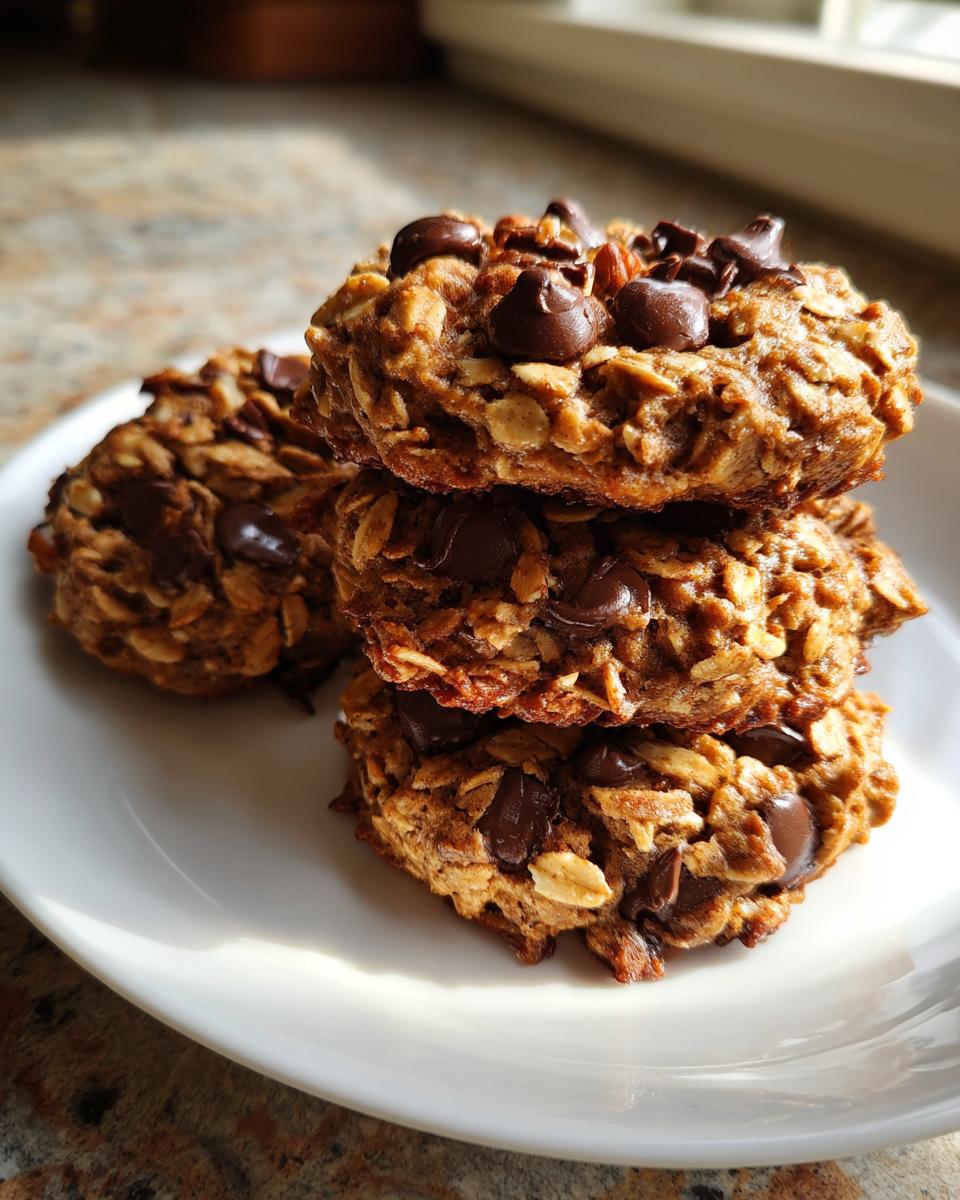 A stack of three chewy cowboy cookies loaded with oats and chocolate chips resting on a white plate.