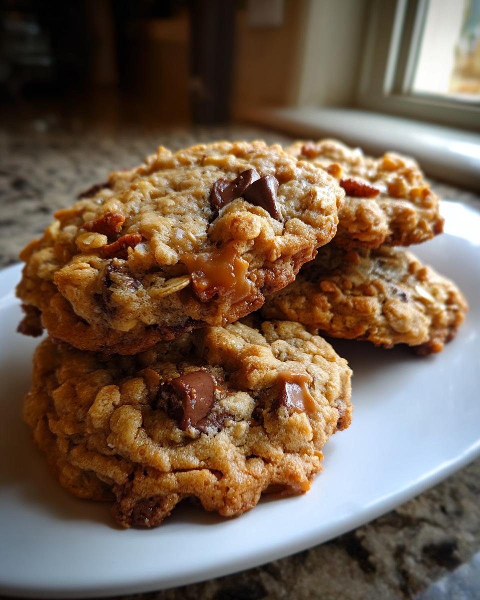 A stack of four chewy cowboy cookies featuring oats, chocolate chips, and caramel on a white plate.