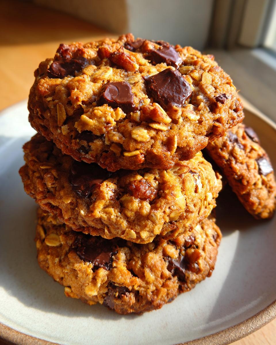 A stack of three thick, chewy cowboy cookies loaded with oats, chocolate chunks, and nuts, sitting on a light plate.