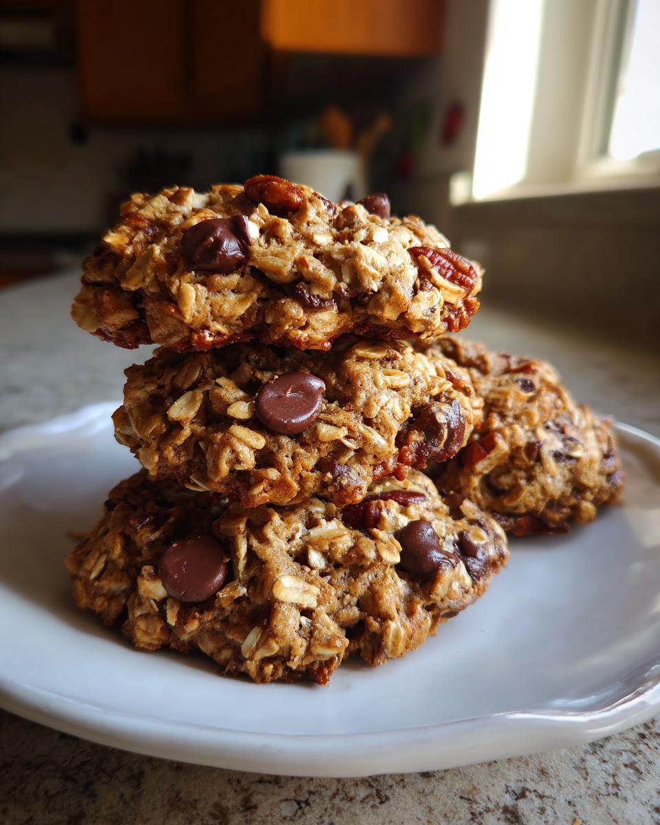 A stack of three chewy cowboy cookies loaded with oats, chocolate chips, and pecans on a white plate.
