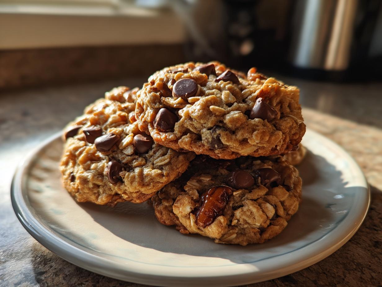 A stack of three thick, chewy cowboy cookies loaded with oats and chocolate chips sitting on a small plate.