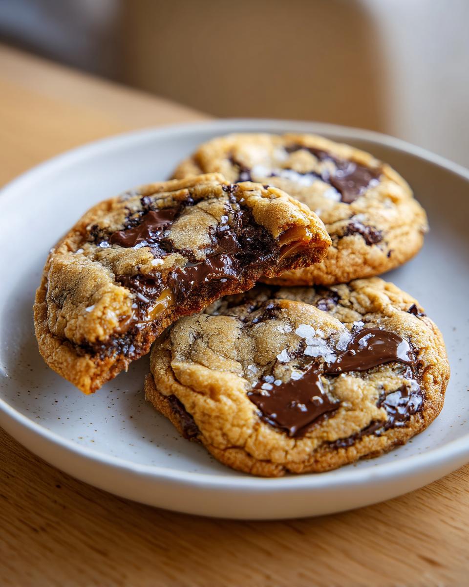 Three chewy salted caramel cookies on a white plate, one broken open showing gooey chocolate and caramel.