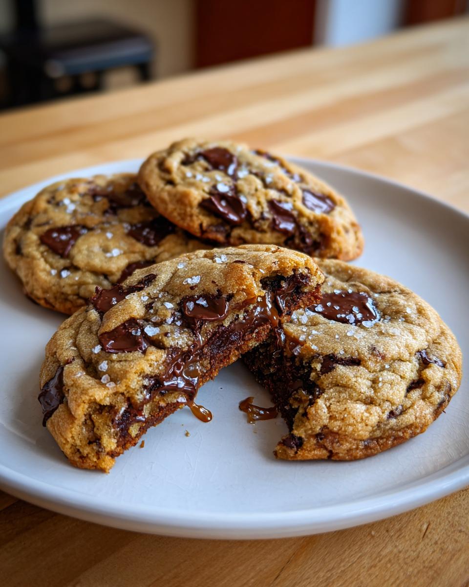 Close-up of chewy salted caramel cookies, one broken open showing gooey caramel and chocolate, topped with sea salt.