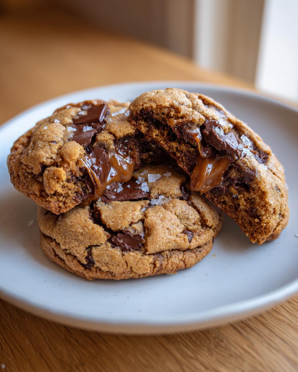 Close-up of chewy salted caramel cookies, one broken open revealing gooey caramel and chocolate chunks, topped with sea salt.