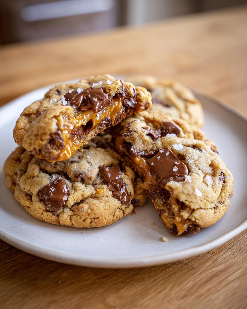 Close-up of chewy salted caramel cookies, one broken open to show melted chocolate and gooey caramel filling, topped with sea salt.