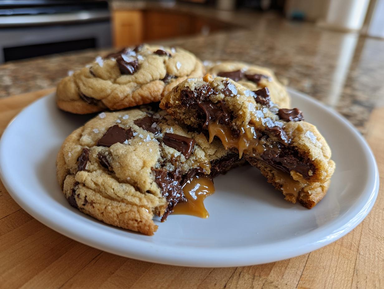 Close-up of chewy salted caramel cookies, one broken open revealing melted chocolate and gooey caramel filling, topped with sea salt.