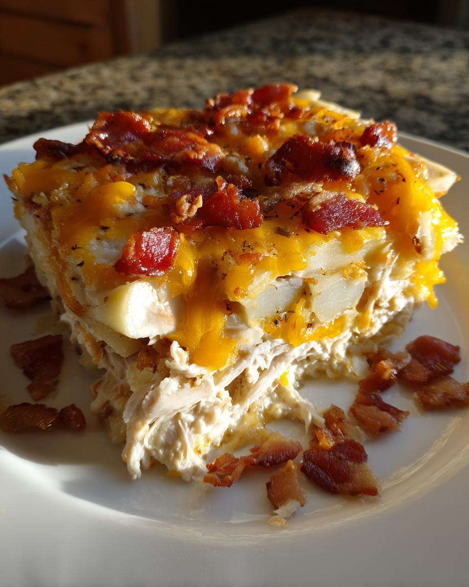 A generous serving of chicken bacon potato bake topped with melted cheddar cheese and crispy bacon pieces on a white plate.