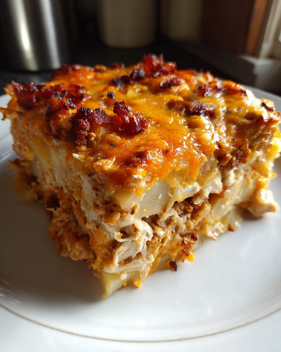 Close-up of a hearty slice of chicken bacon potato bake showing layers of potatoes, shredded chicken, and a cheesy, crispy bacon topping.