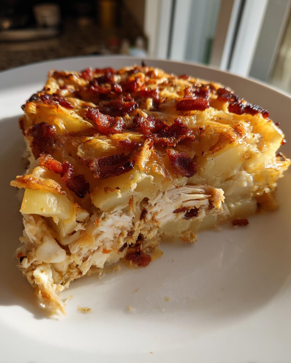 A close-up slice of chicken bacon potato bake showing layers of shredded chicken, potatoes, and crispy bacon on top.