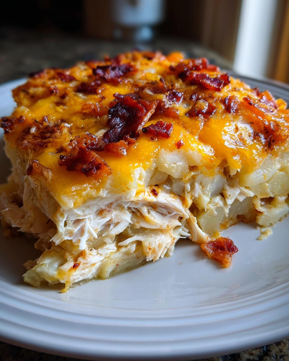 A close-up of a serving of chicken bacon potato bake showing layers of shredded chicken, potatoes, and a topping of melted cheddar cheese and crispy bacon.