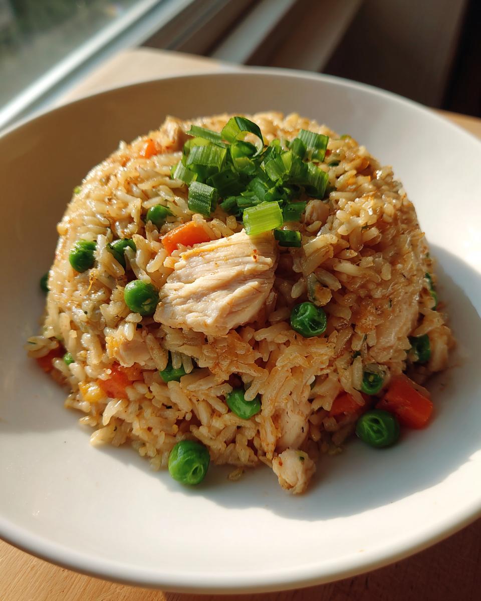 A perfectly molded serving of chicken fried rice with peas, carrots, and topped with fresh green onions.