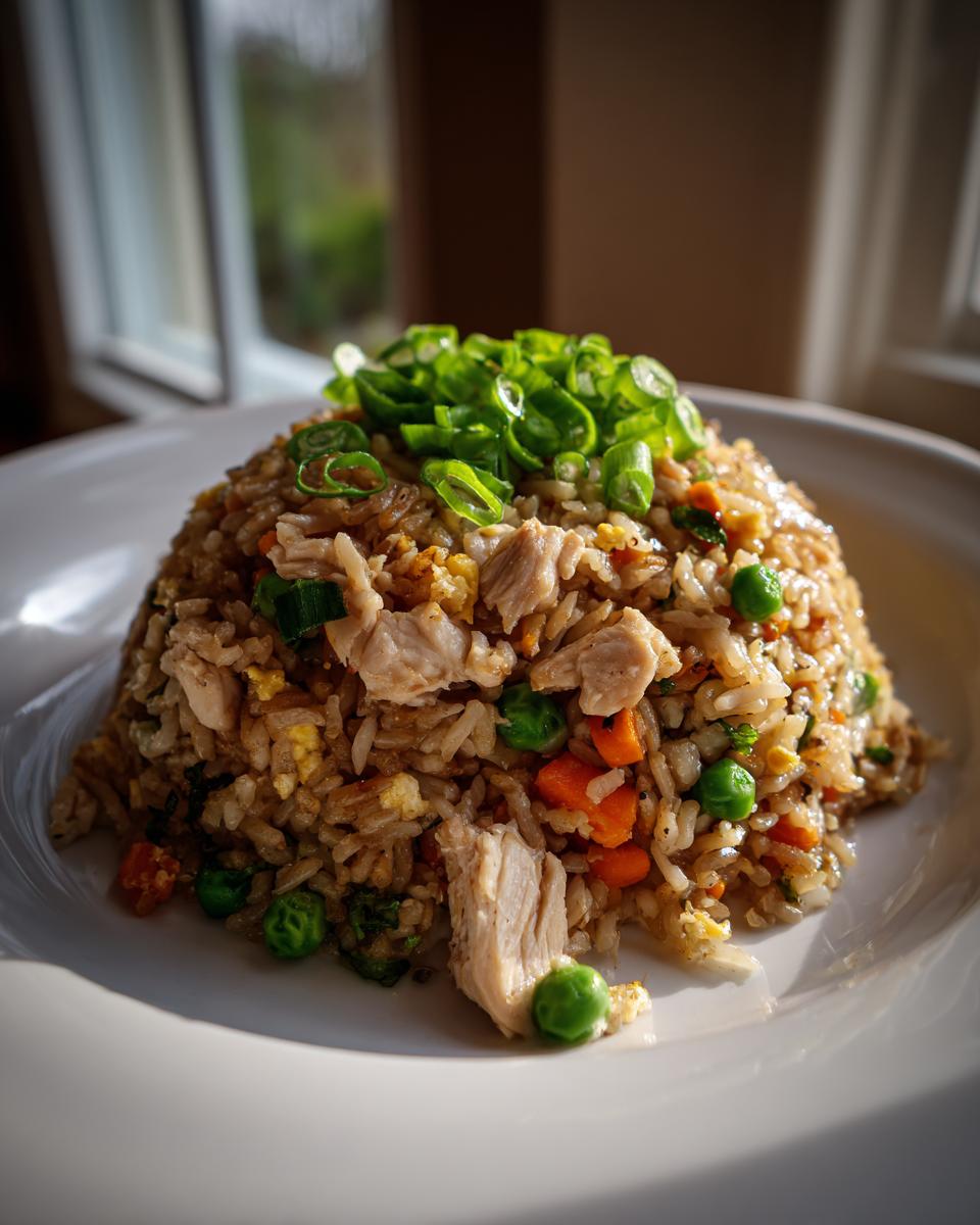 A mound of savory chicken fried rice, mixed with peas and carrots, topped with fresh green onions.