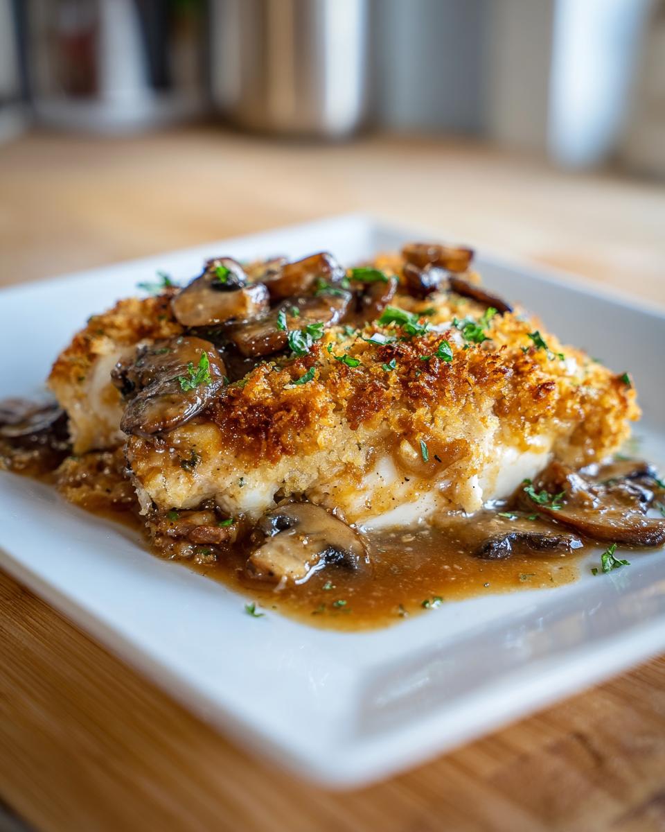 A close-up of a portion of chicken marsala casserole featuring a crispy topping, smothered in rich mushroom sauce.