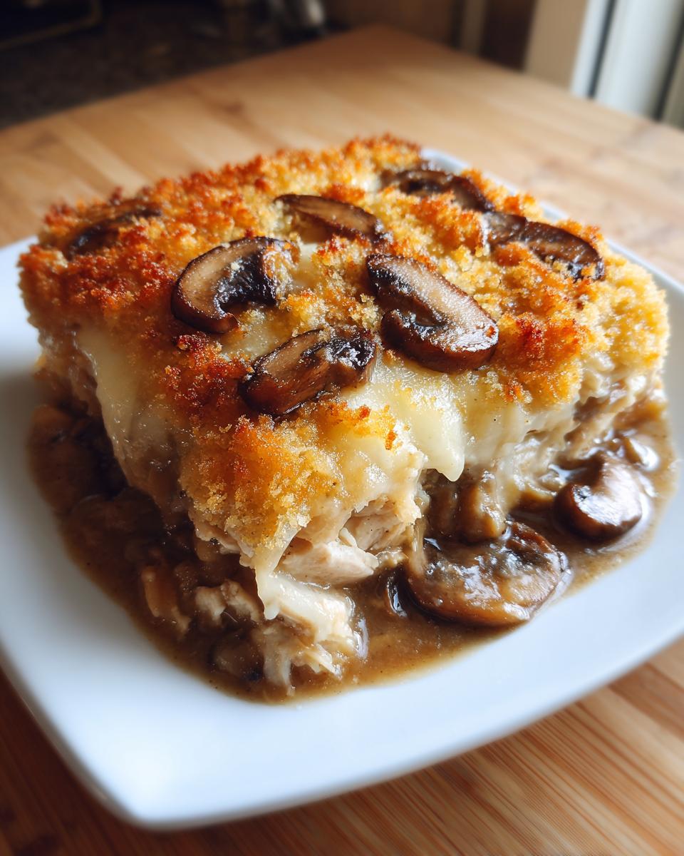 A close-up of a serving of chicken marsala casserole featuring shredded chicken, creamy sauce, and a golden breadcrumb topping with sliced mushrooms.