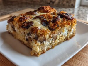 Close-up of a square slice of baked chicken marsala casserole topped with melted cheese and browned mushrooms.
