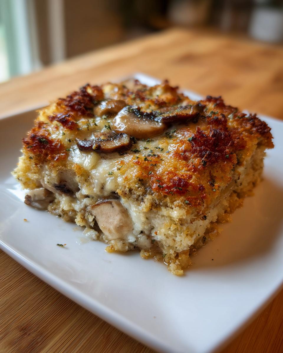 A square serving of chicken marsala casserole with a golden, cheesy crust and sliced mushrooms on top.