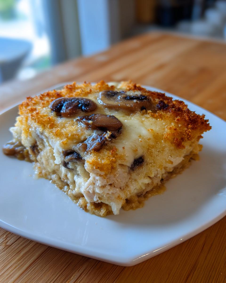 A square slice of creamy chicken marsala casserole topped with melted cheese and sautéed mushrooms.