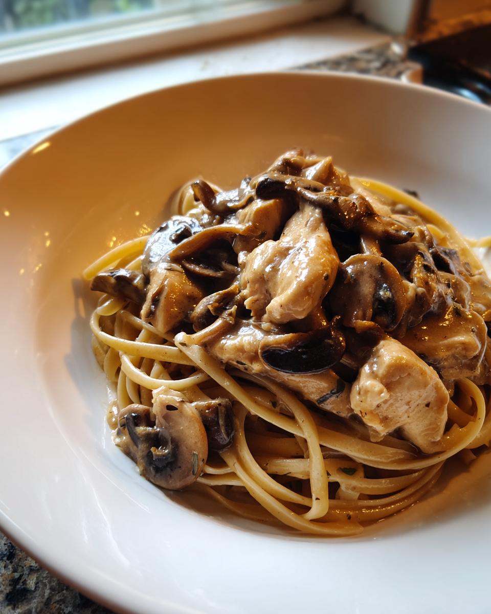 Close-up of creamy chicken marsala pasta featuring linguine, tender chicken pieces, and rich brown mushrooms.