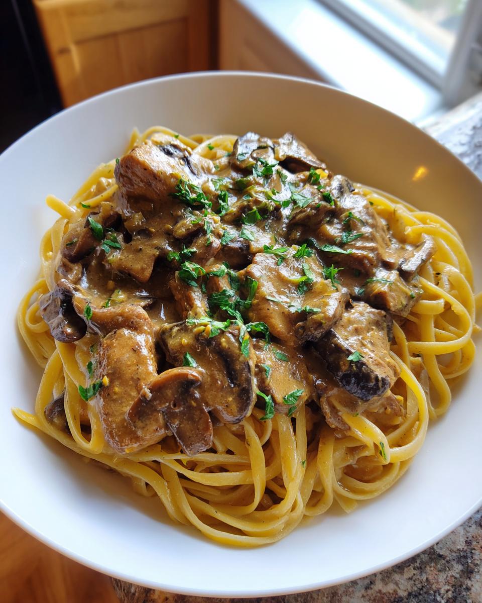 A white bowl filled with fettuccine pasta topped with chicken and mushrooms in a rich, creamy sauce for chicken marsala pasta.