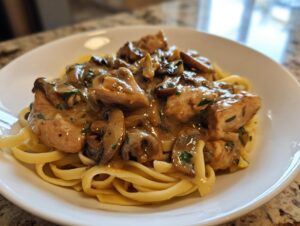 A close-up of creamy chicken marsala pasta featuring tender chicken pieces and sliced mushrooms over fettuccine noodles.