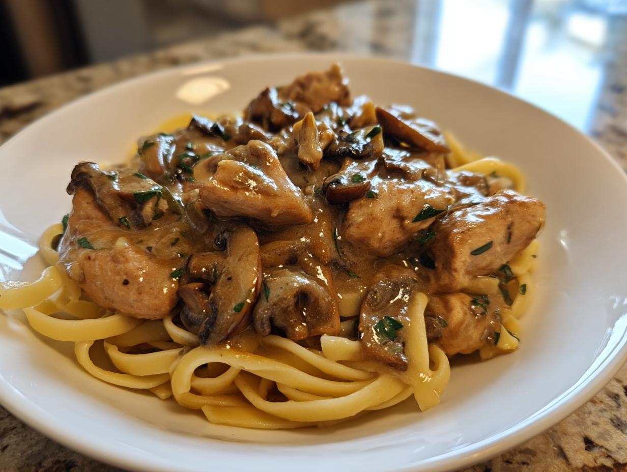 A close-up of creamy chicken marsala pasta featuring tender chicken pieces and sliced mushrooms over fettuccine noodles.