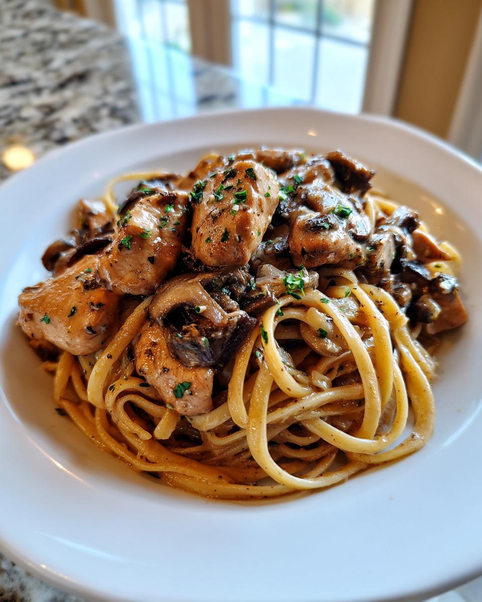 A close-up of a white bowl filled with chicken marsala pasta, featuring linguine noodles, chicken pieces, and rich mushroom sauce.