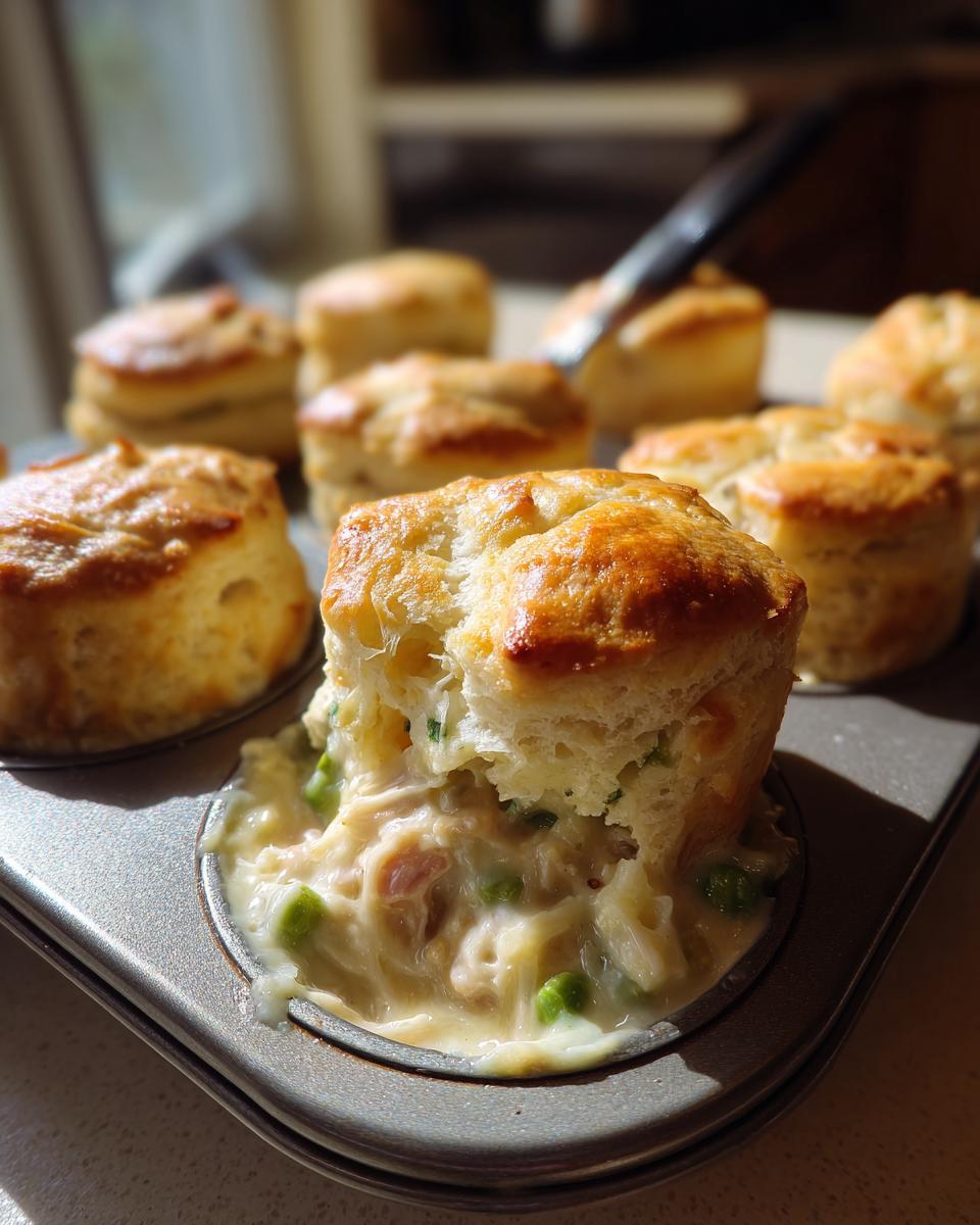 A close-up of one of the delicious chicken pot pie biscuit cups, showing the flaky top lifted over creamy filling.