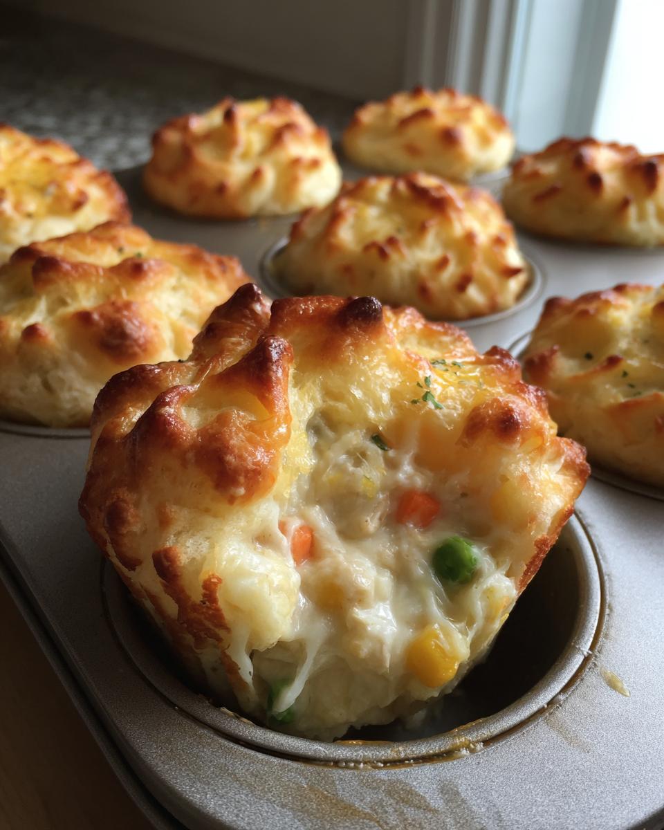 Close-up of a golden-brown chicken pot pie biscuit cup, showing creamy filling with peas and carrots inside a muffin tin.