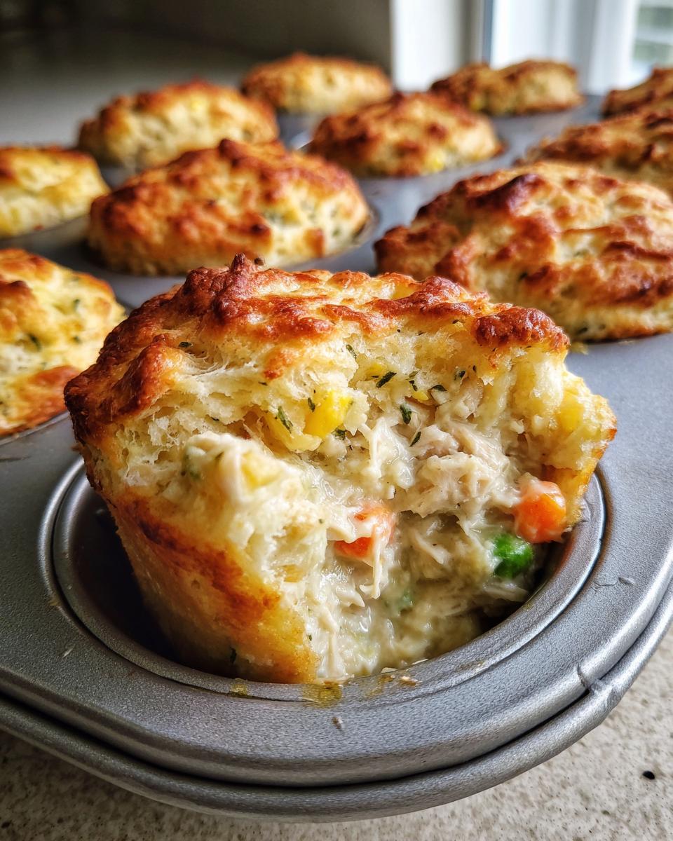 A close-up view of a golden-brown chicken pot pie biscuit cup with a bite taken out, revealing the creamy chicken and vegetable filling.