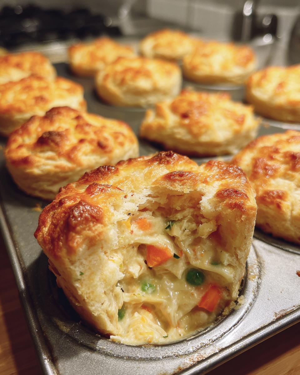 A close-up view of one of the chicken pot pie biscuit cups, broken open to show the creamy filling with chicken, carrots, and peas.