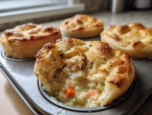 A close-up view of one of the chicken pot pie biscuit cups broken open to show the creamy chicken and vegetable filling.
