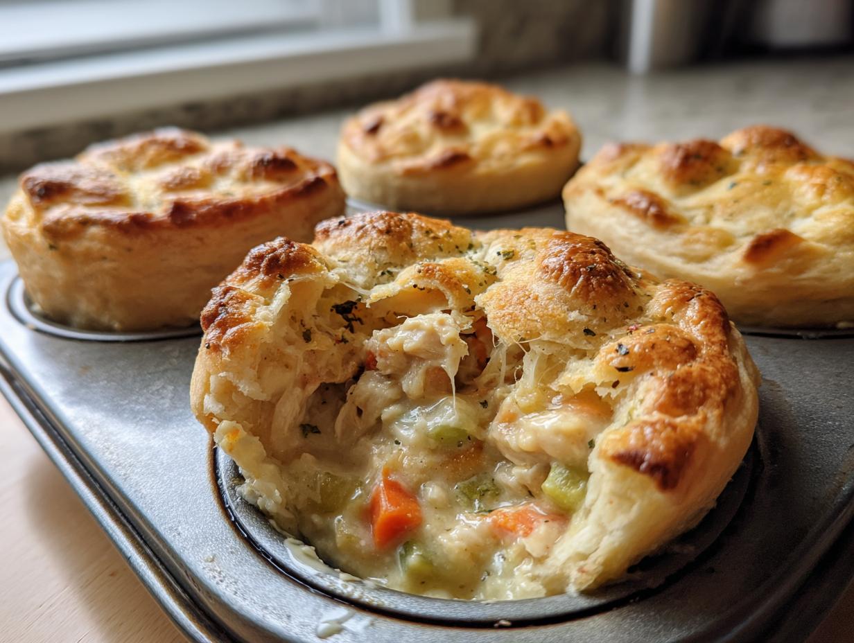 A close-up view of one of the chicken pot pie biscuit cups broken open to show the creamy chicken and vegetable filling.