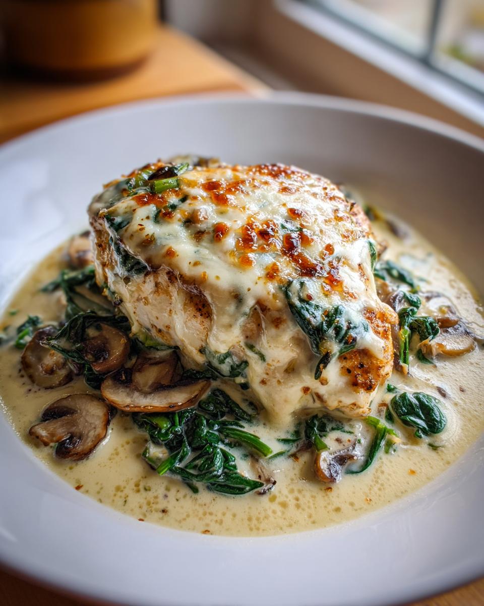 A baked chicken breast topped with melted, browned cheese, served over spinach and mushrooms in a creamy sauce, part of the chicken spinach mushroom low carb oven dish.