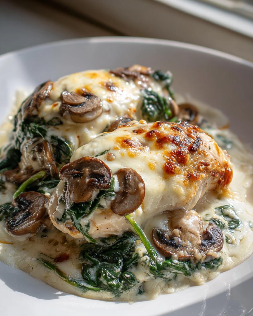 Close-up of baked chicken breasts topped with melted cheese, spinach, and sliced mushrooms in a creamy sauce, part of the chicken spinach mushroom low carb oven dish.