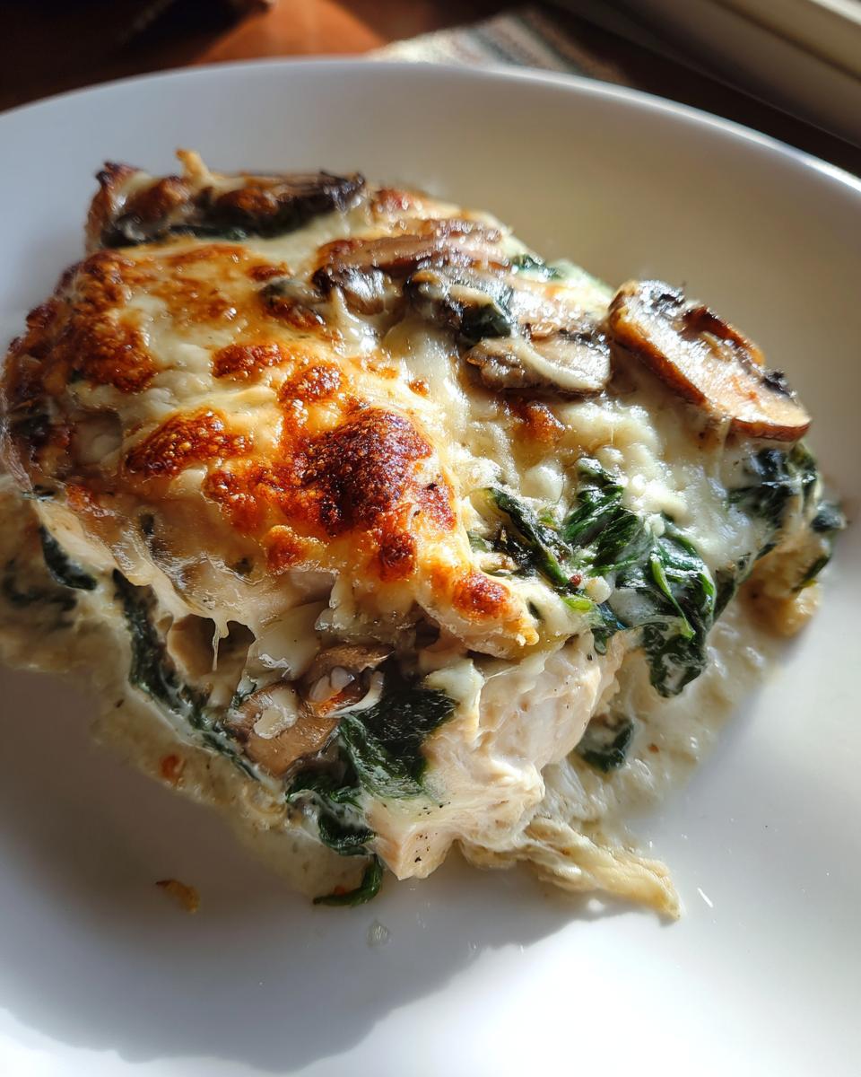 Close-up of a serving of chicken spinach mushroom low carb oven dish topped with melted, browned cheese.