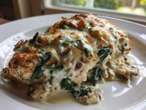 A serving of baked chicken spinach mushroom low carb oven dish topped with melted, browned cheese.