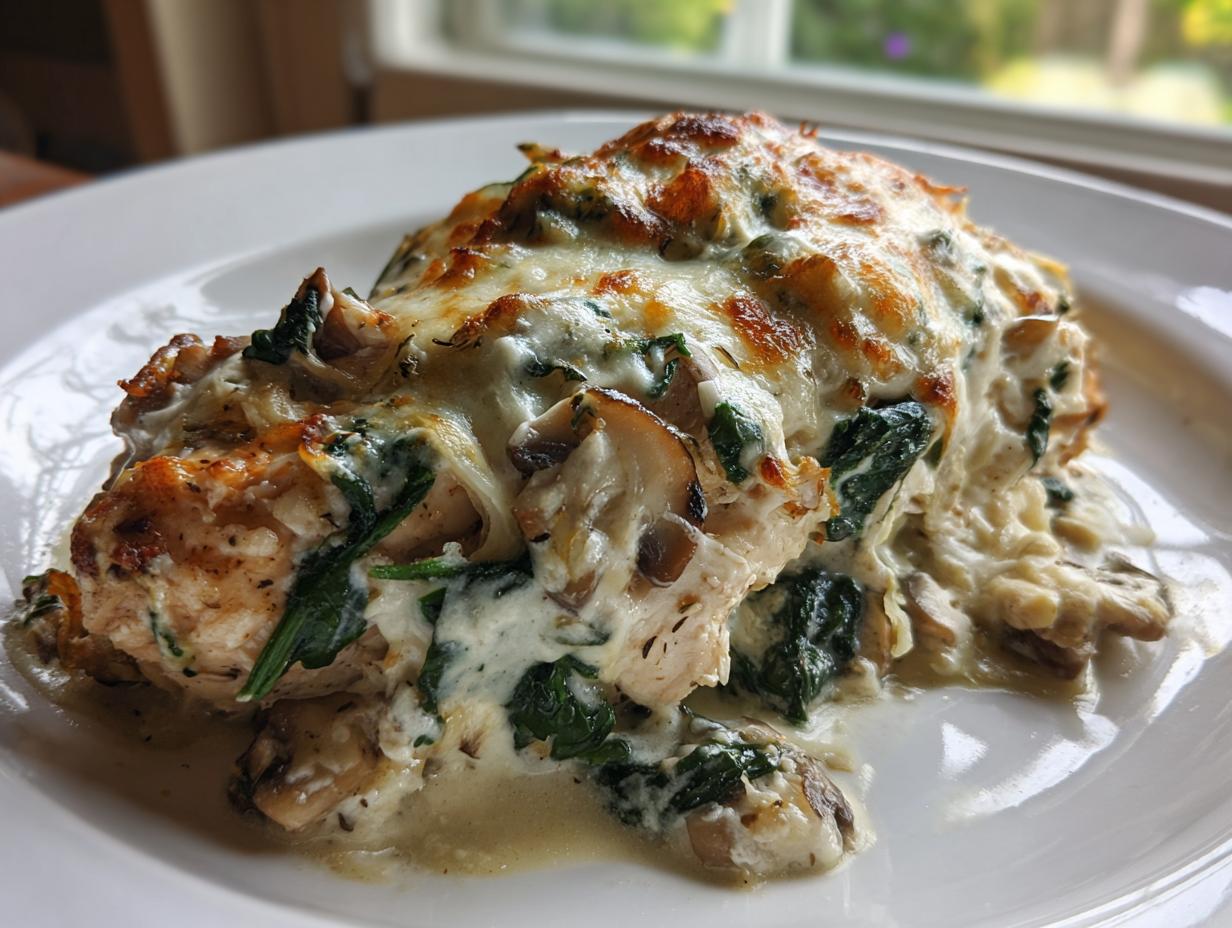 A serving of baked chicken spinach mushroom low carb oven dish topped with melted, browned cheese.