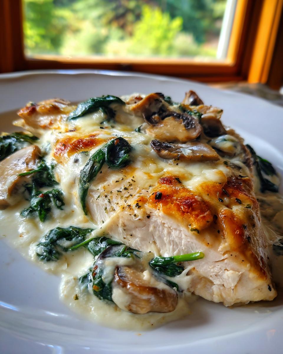 A close-up of a juicy chicken breast topped with melted cheese, spinach, and mushrooms from the chicken spinach mushroom low carb oven dish.