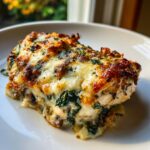 A close-up of a cheesy, baked portion of chicken spinach mushroom low carb oven dish on a white plate.