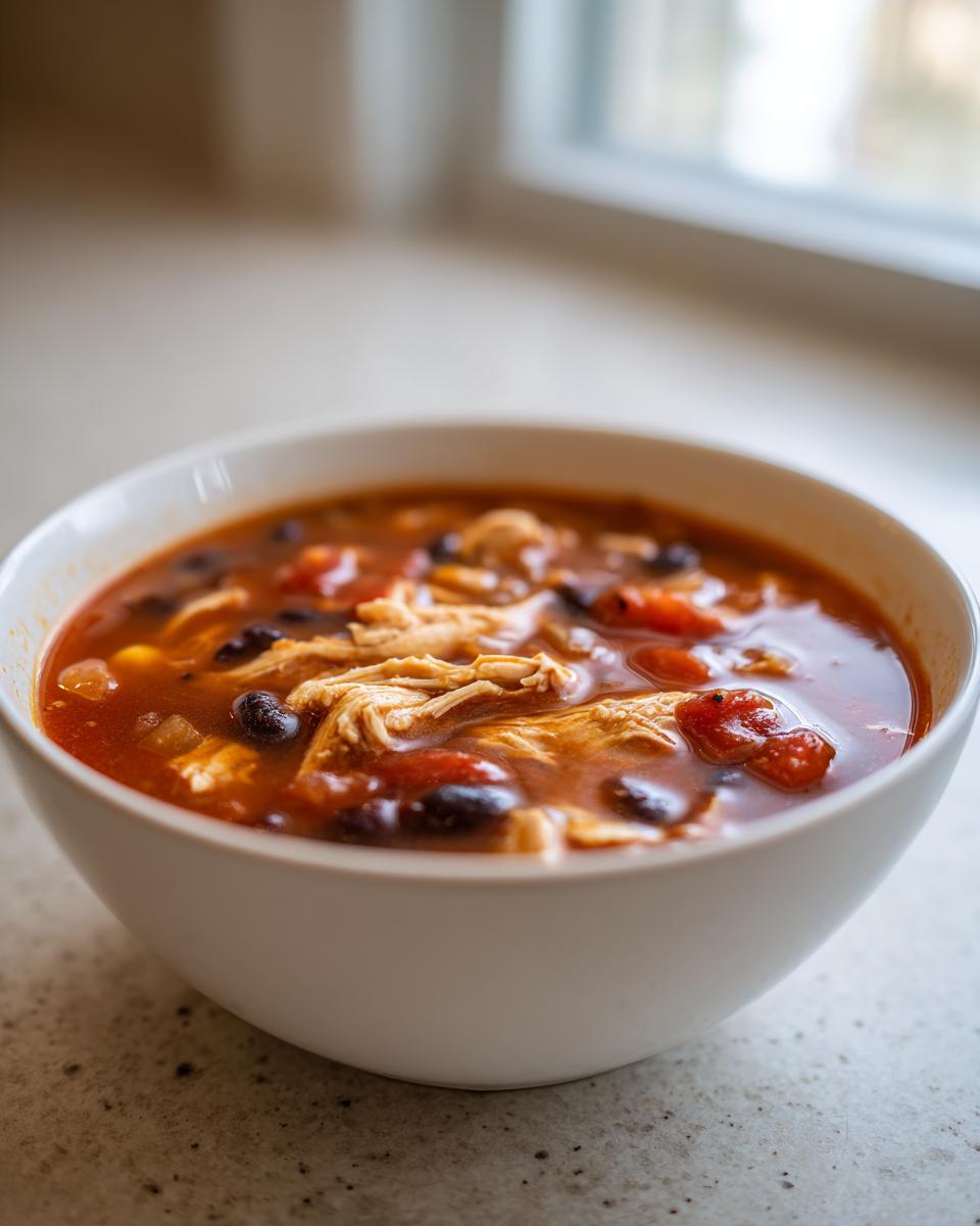 A close-up of a white bowl filled with rich, tomato-based chicken taco soup featuring shredded chicken and black beans.