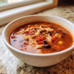 A close-up of a white bowl filled with rich, red chicken taco soup featuring shredded chicken, black beans, and diced tomatoes.