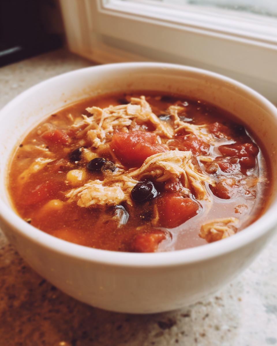 Close-up of a white bowl filled with rich, red chicken taco soup featuring shredded chicken, black beans, and diced tomatoes.