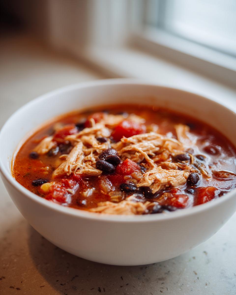 Close-up of a white bowl filled with rich, red chicken taco soup featuring shredded chicken, black beans, and diced tomatoes.