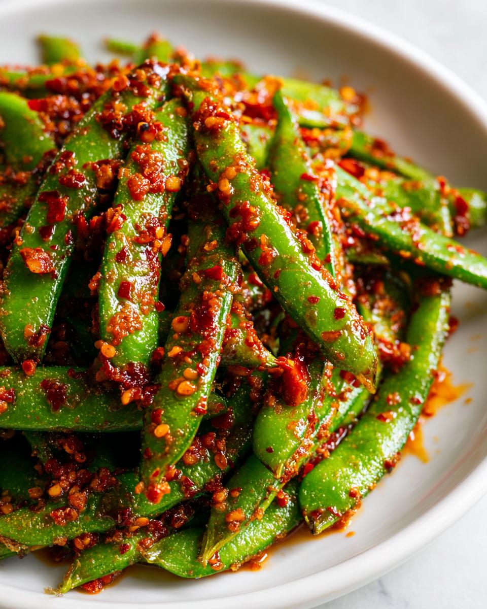 Close-up of bright green snap peas heavily coated in spicy, textured chili crisp dressing for a chili crisp snap pea salad.