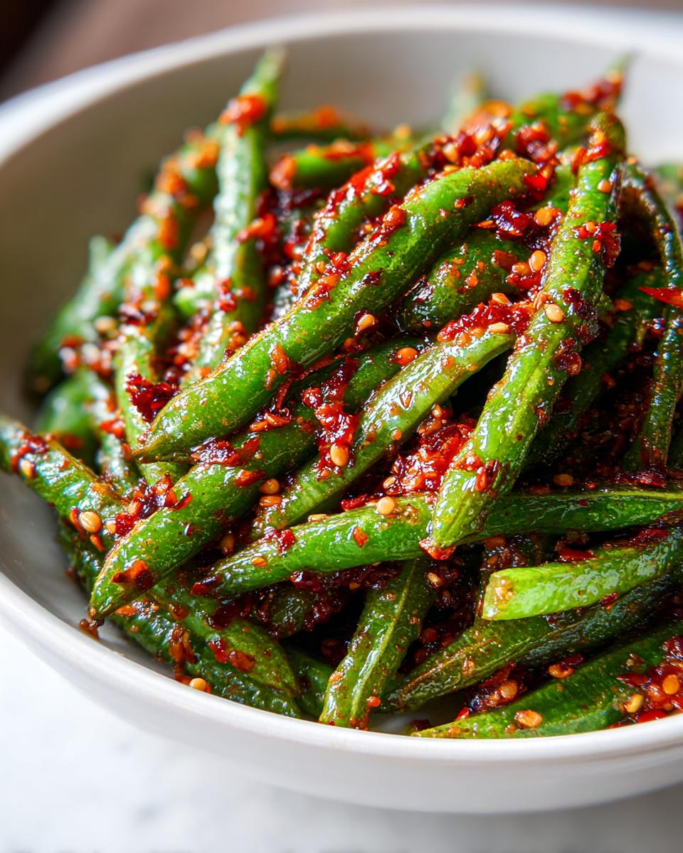 Close-up of bright green snap peas coated generously in red chili crisp, perfect for a chili crisp snap pea salad.